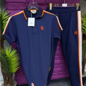Hermes-Inspired Men's Navy Polo & Track Pants Set with Orange Trim